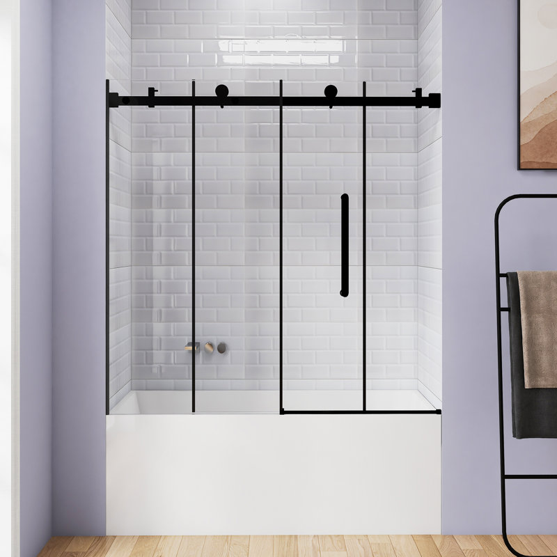 56-60 "W X 60" H Frameless | Single Sliding | Bathtub Shower Door | 1/4 Inch Transparent Glass With Explosion Proof Film | Stainless Steel Handle | Square Tube Track | Matt Black