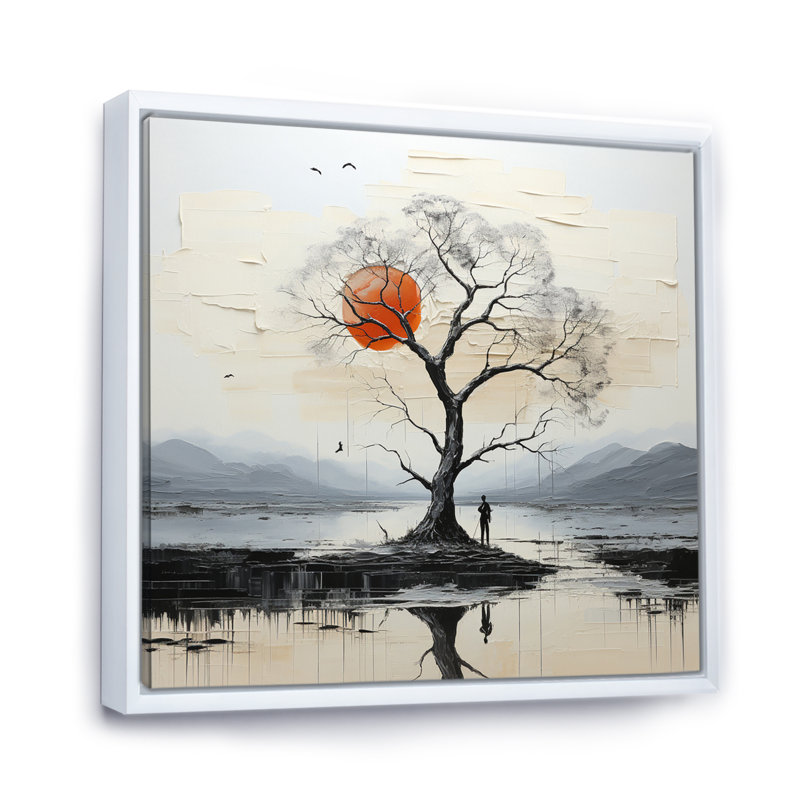 «Grey Red Minimalisme Tree Solitude III», reproduction sur toile, H 24 po x l 24 po x P 1 po, Cadre flottant blanc