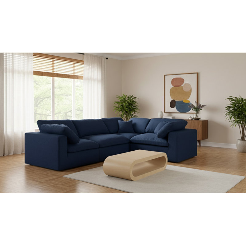 Hitha Upholstered L-Shaped Sectional Reversible, Navy Linen Textured Fabric