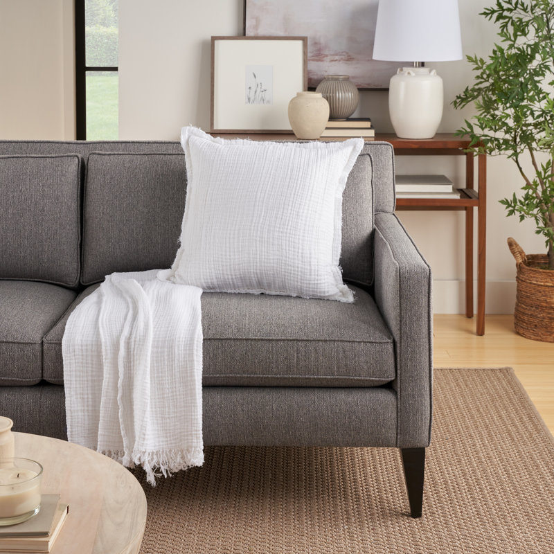 White Cotton Muslin Throw Blanket with Fringe Ends