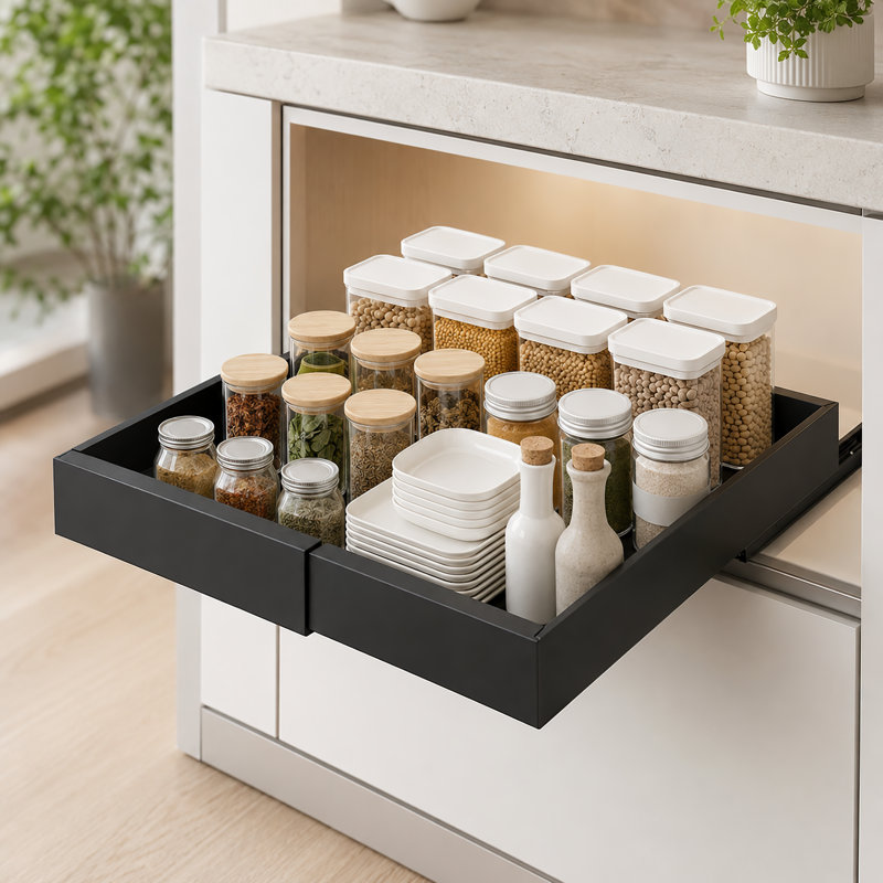 Expandable pull out cabinet organizer for kitchen storage