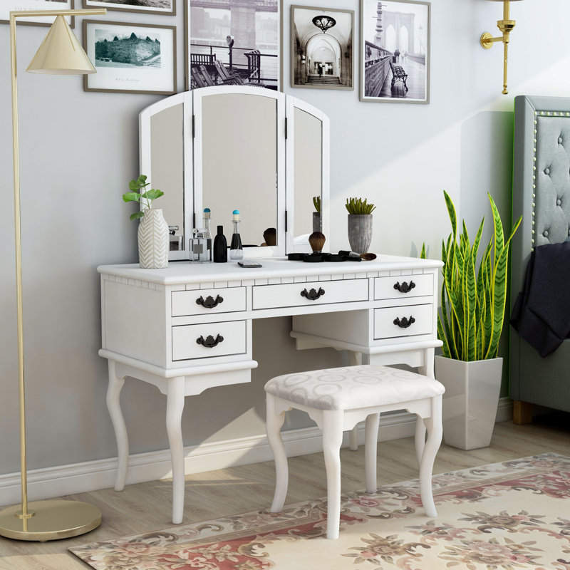 Ensemble de coiffeuse avec tabouret et miroir Umstead, Blanc