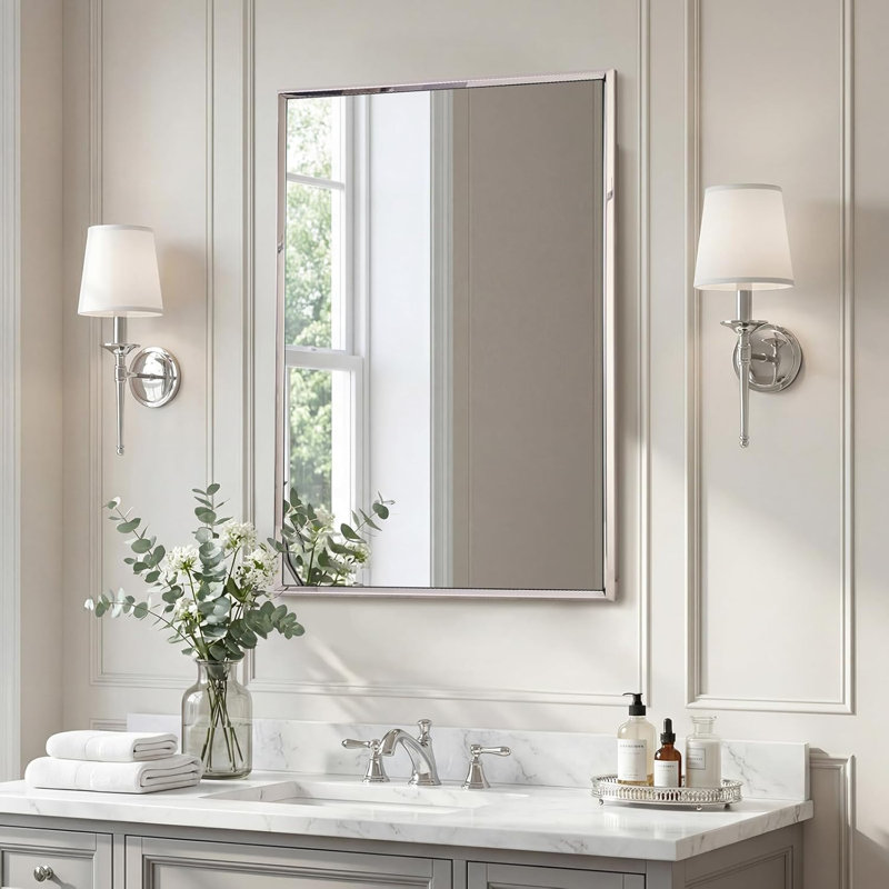 Modern Rectangular Bathroom Vanity Mirror with Beveled Edges | Stainless Steel Frame, 36" x 24", Polished Chrome