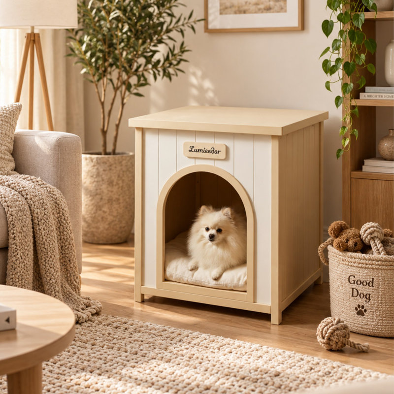 Solid Wood Dog House with Cushion and Side Table Top