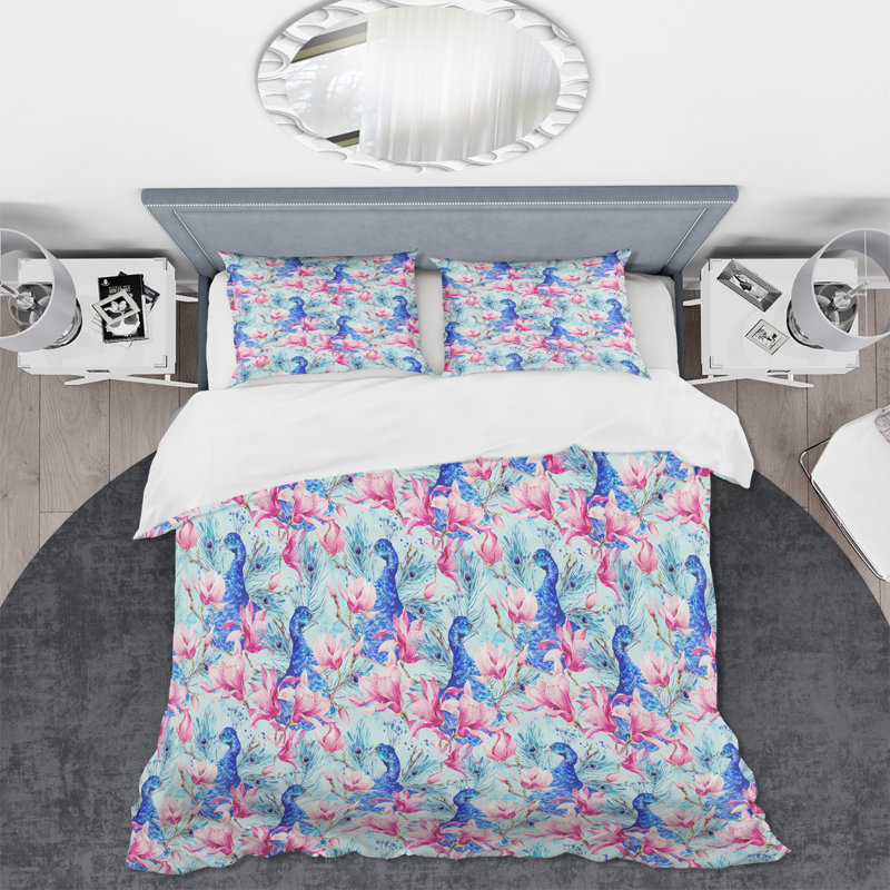 Paons avec des fleurs de magnolia - ensemble de housse de couette traditionnel - microfibre de polyester