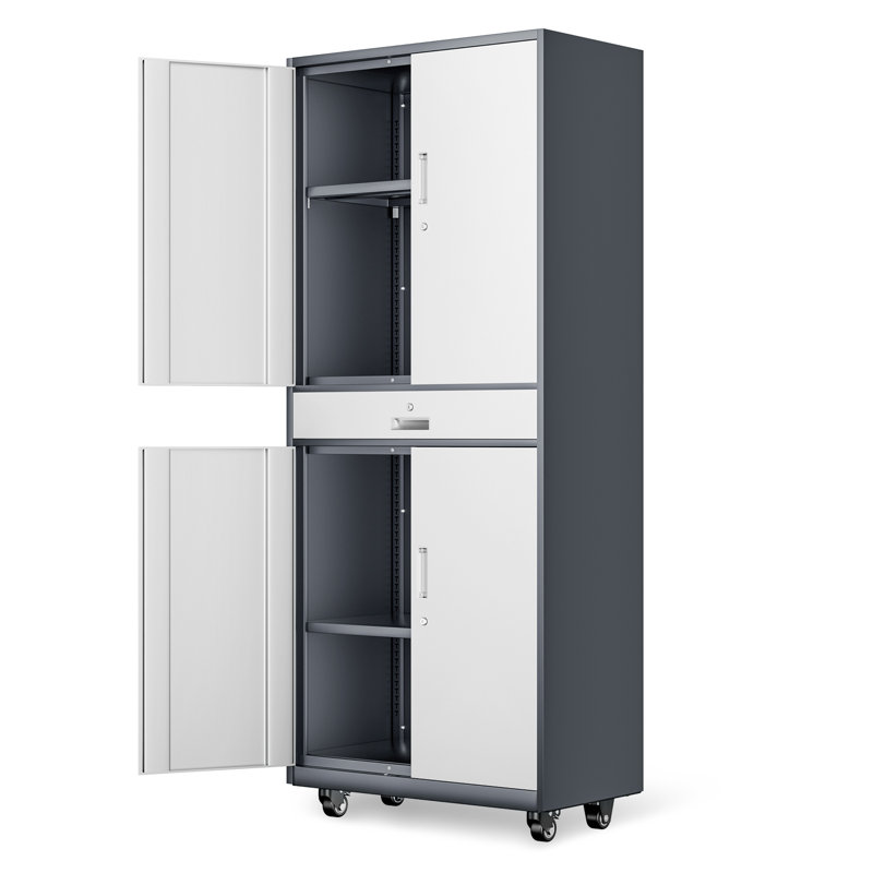 73" Lockable Heavy Duty Metal Storage Cabinet W/ Drawer&Adjustable Shelves, Gray/White