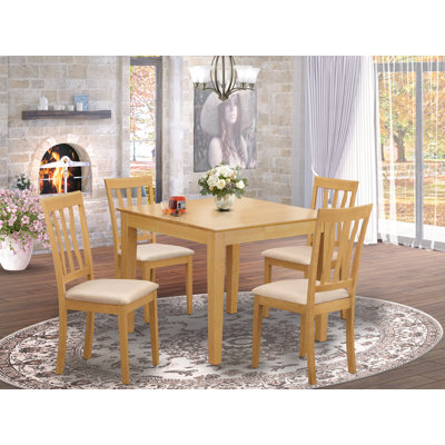 5 Piece Kitchen Table Set for 4 Includes a Square Dining Table and 4 Linen Fabric Dining Room Chairs, Oak