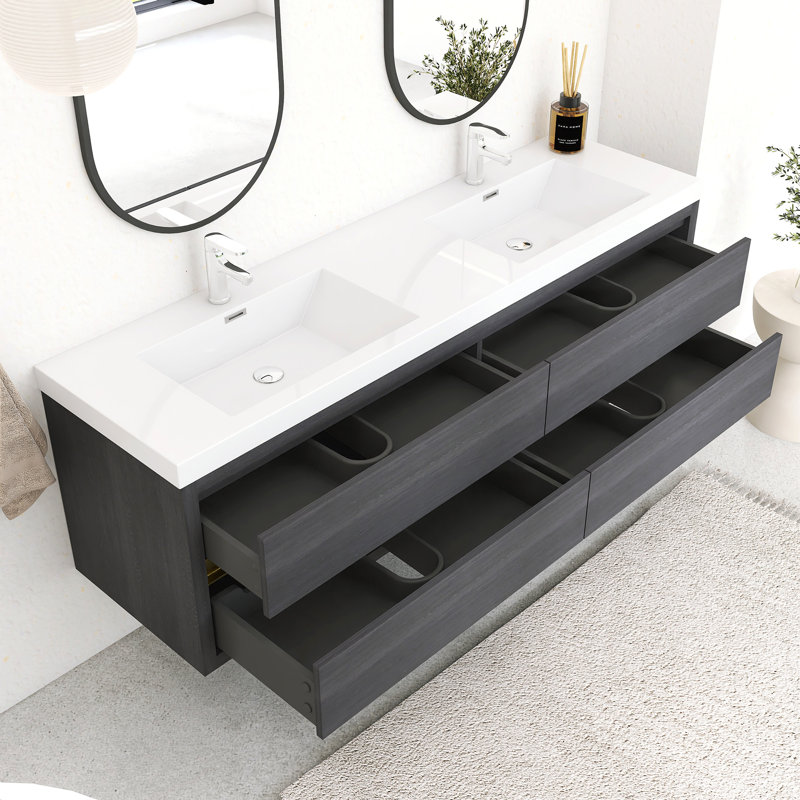 72" Modern Wall-Mounted Bathroom Vanity Set, With Double Integral Stone Resin Sinks, Espresso, 72"