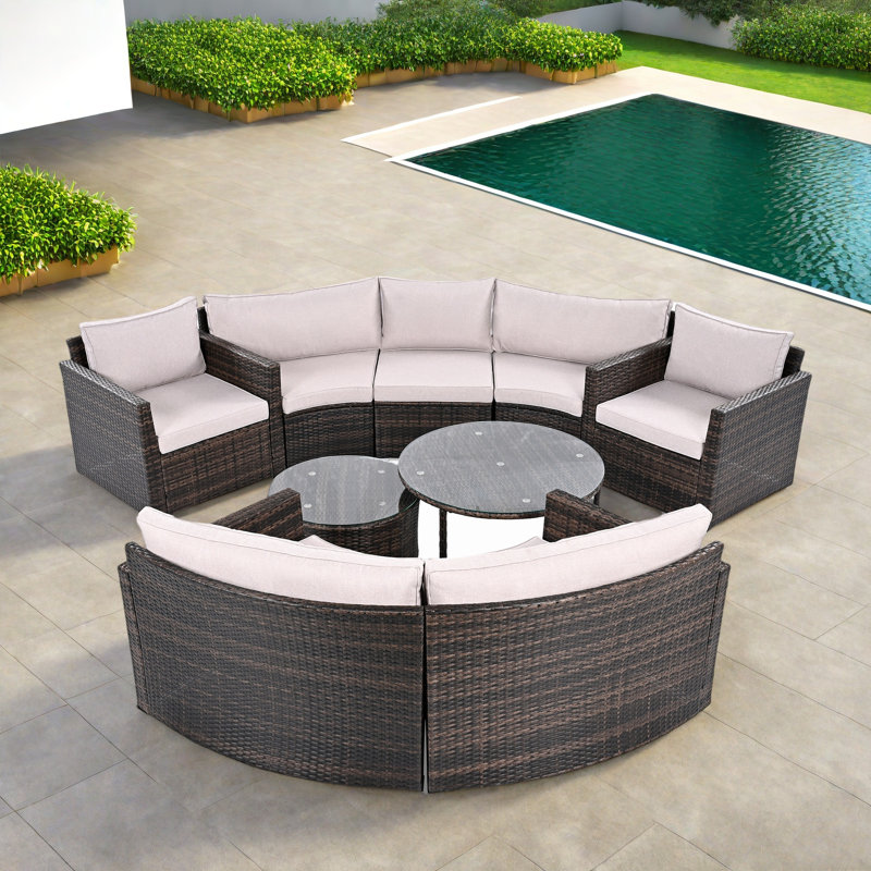 9-pieces Outdoor Half-moon Wicker Conversation Sets With 1 Nesting Coffee Table And Tempered Glass Top