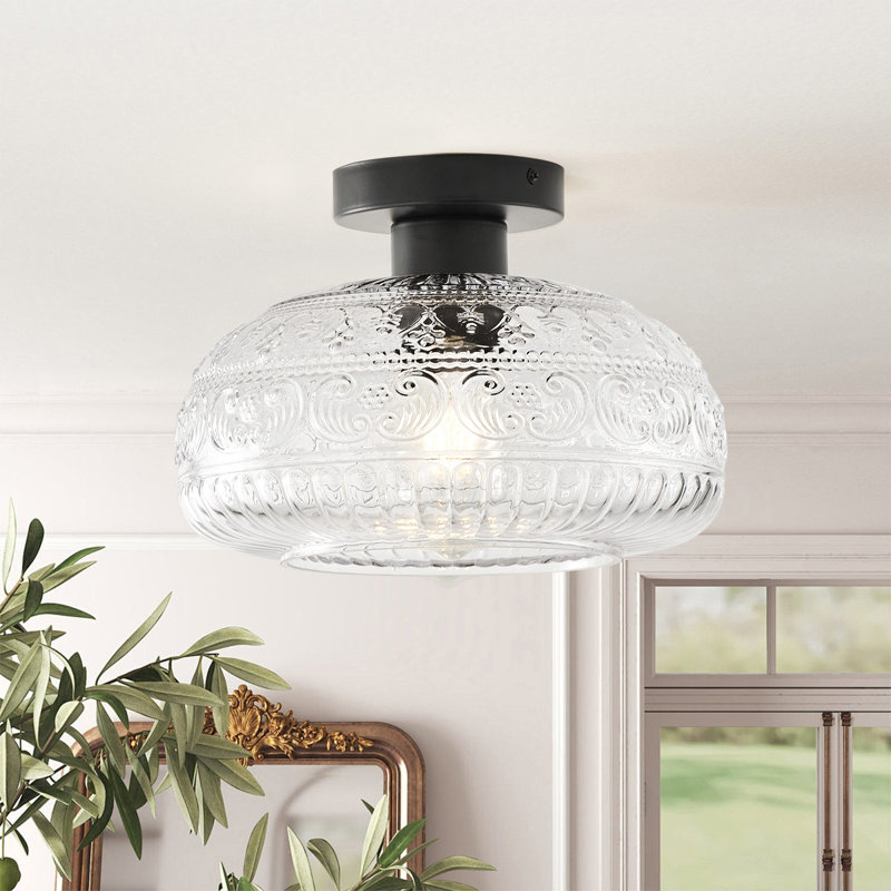 Plafonnier encastré 1 lumière E26 en métal noir mat avec abat-jour en verre transparent, à intensité variable, homologué ETL