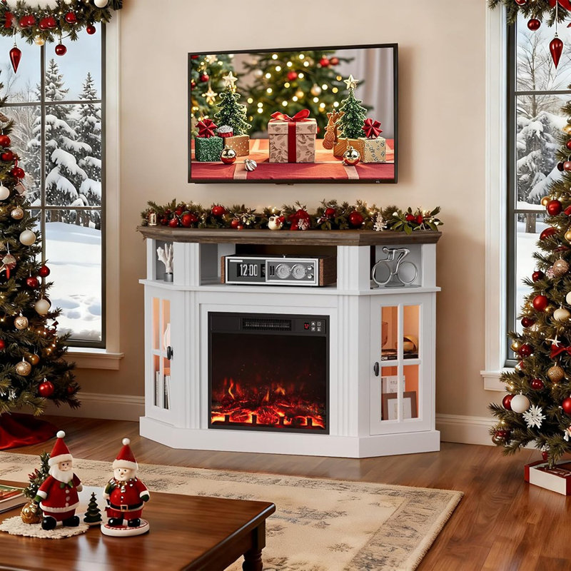 Fireplace Corner TV Stand, LED Antique White – 18" Electric Fireplace With Open Shelf And Storage Cabinets For Tvs Up To 55"