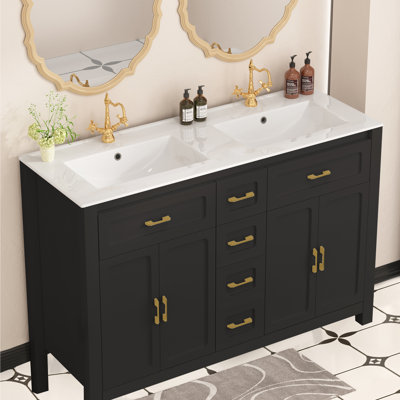 46”  Freestanding Vanity with Ceramic Sink, Over Flow Hole Sink, Wall Mount Vanity, Large Cabinet