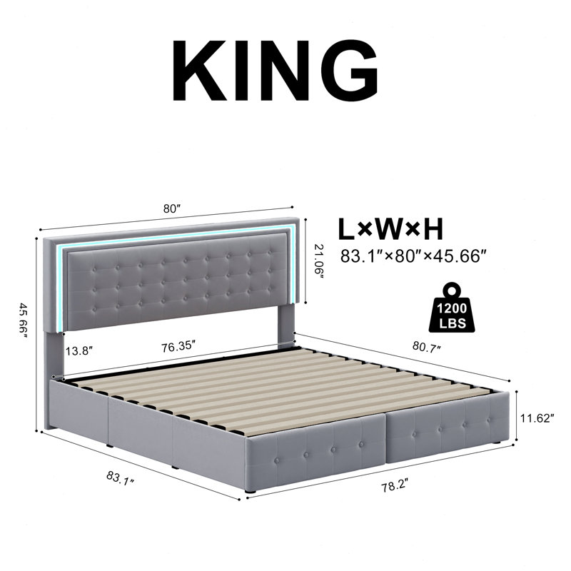 Munachi Upholstered Panel Bed Frame with Headboard Adjustable, Platform Bed Frame with LED Lights Headboard & 4 Drawers, Easy Assembly, No Box Spring Needed