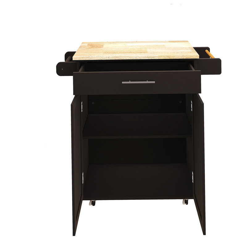 Kitchen island trolley with 1 drawer and 2 doors, with adjustable shelves, towel rack, and spice rack rubberwood table - black