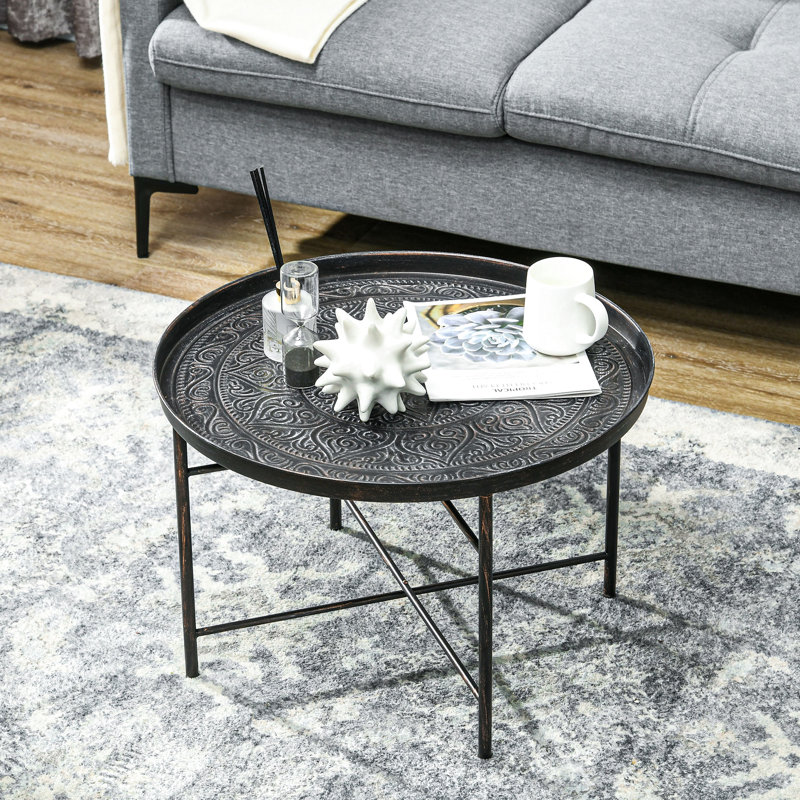 Table basse ronde de 61 cm (24 po) avec dessus en métal martelé, table d'appoint pour salon. Finition brossée artisanale, pieds réglables, structure robuste, capacité de 50 kg (110 lb), plateau plat, style vintage pour chambre à coucher. Pieds pour une stabilité optimale.