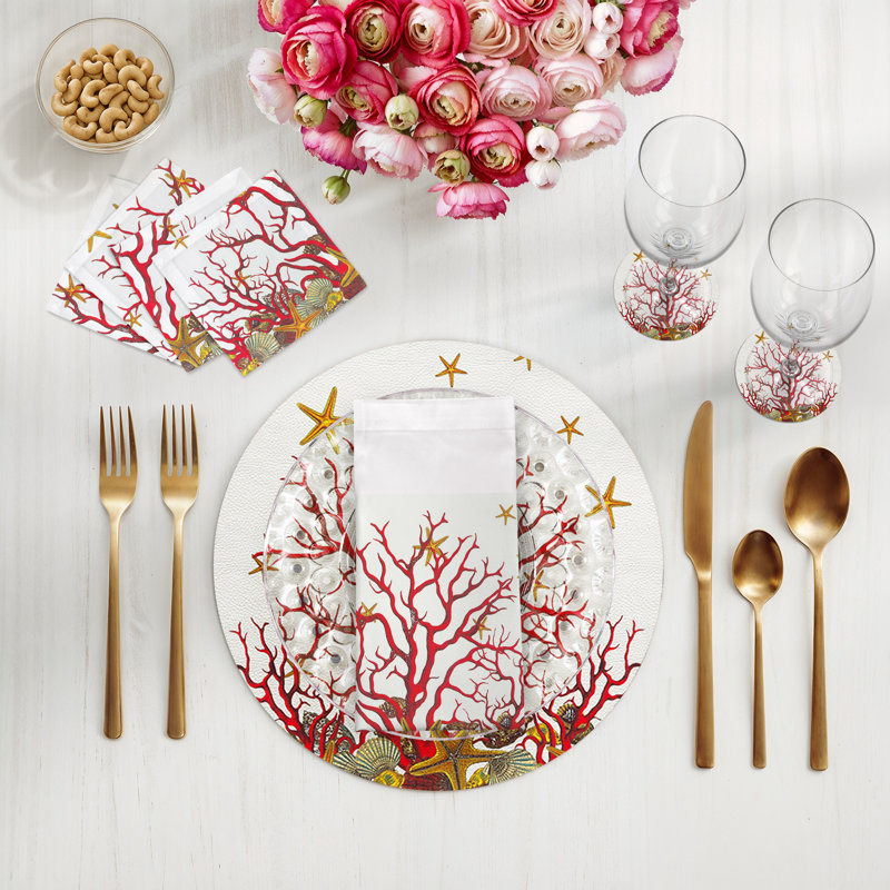 Coral Reef Vegan Leather Round Pebble Placemat, White Red