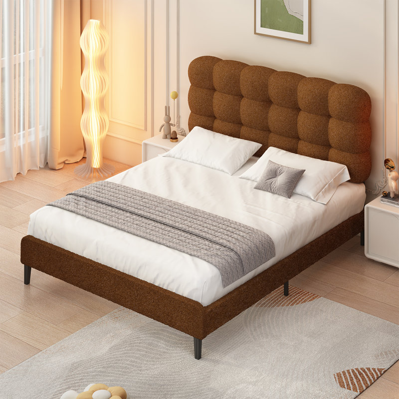 Aadi Upholstered Headboard, Platform Bed with Strong Wooden Slats Support, Two Bed Forms Design, Brown, Queen