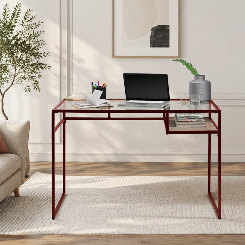 Bureau Yasin avec dessus en verre et fini rouge