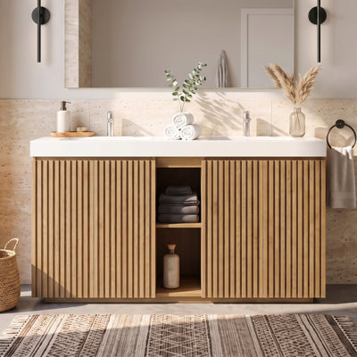Meuble-lavabo 60 po en chêne noueux avec lavabos, armoires et tablettes, grand meuble-lavabo autoportant avec rangement pour salle de bain moderne, lavabo une pièce à surface solide blanche sans drain ni robinet