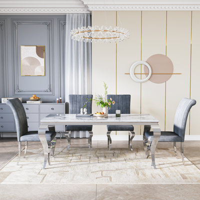 Rectangular Marble Dining Set, 70" Modern White Faux Marble Table With Polished Stainless Steel Base And Upholstered Chairs