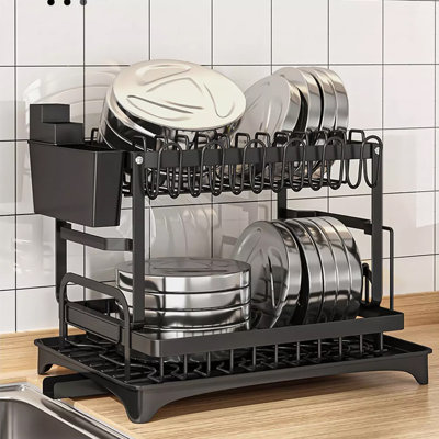 2 Tier Kitchen Sink Dish Drainer Rack With Drip Tray Cutlery Holder Plate Rack Black