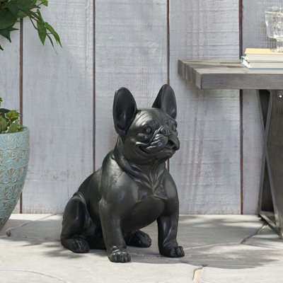 Statue de jardin bouledogue français noir mat, sculpture de chien en pierre coulée pour l'extérieur, ornement de patio sans assemblage