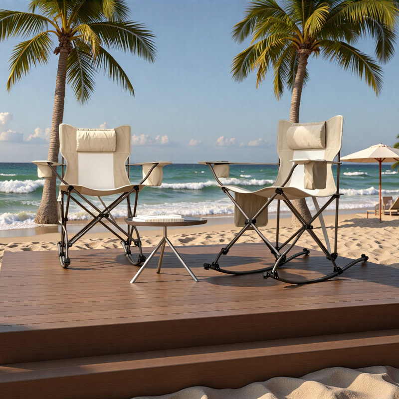 Ensemble de 2 chaises berçantes de parc, chaises portatives et chaises de camping berçantes pliantes, Crème / Blanc