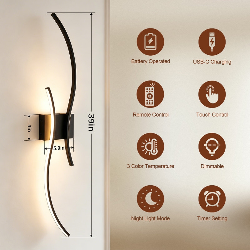 Battery Operated LED Wall Sconces with Remote Control, Stepless Colors 3000K-6000K/  Dimmable/ Memory/ Timer/ Night-Light, 39 In, 2-Pack