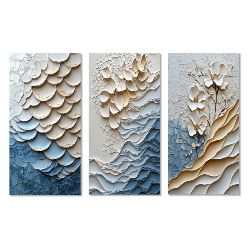 Blanc et bleu côtier mosaïque I - paysage marin 3 pièces, impression murale de décoration murale, H 40 po x l 60 po