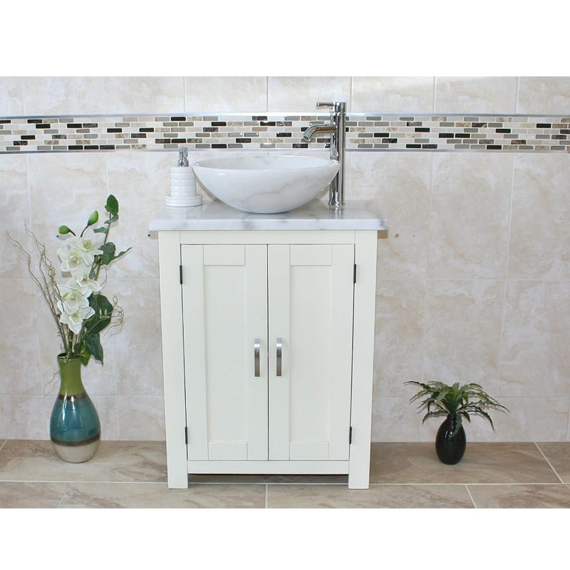 Roberge 650mm Single Bathroom Vanity with Vessel Stone Basin, White, White Marble, White