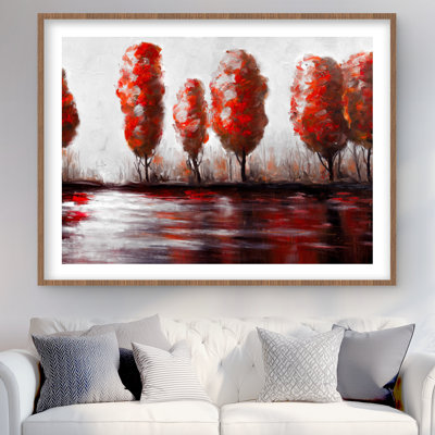 Red Trees by the Lake - Framed Matted Landscape Print Decor