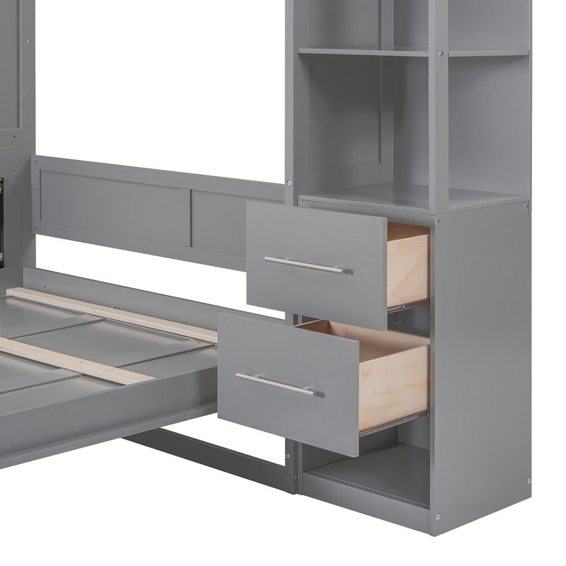 Lit grand format à économie d'espace mural gris avec tablettes, tiroirs et tablettes à lumières DEL, Grand, Gris