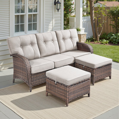 Ensemble de mobilier d'extérieur 3 pièces, ensemble de canapé 3 places avec repose-pieds, ensemble de canapé en rotin PE toutes saisons pour bord de piscine, jardin, terrasse