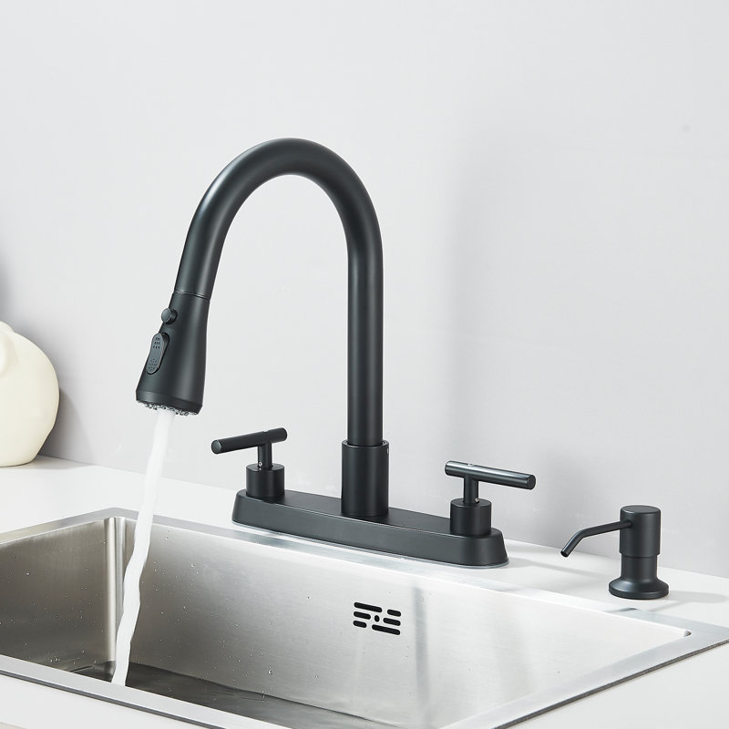 Robinet de cuisine noir mat avec distributeur de savon, robinet coulissant à 2 poignées de 8 pouces, robinet d'évier moderne à grande arche pour éviers à 3 ou 4 trous
