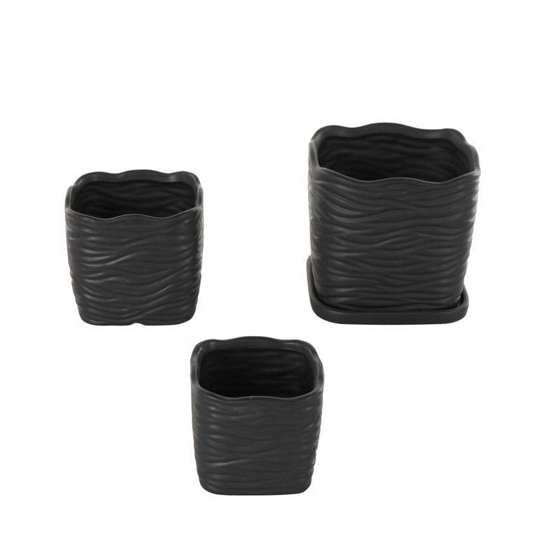 Cole And Grey 3 Piece Ceramic Wavy Ribbed Planter With Attached Saucer Set, Black, 7" H x 7.35" W x 7.5" D