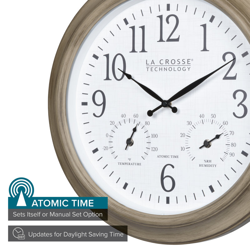 18-Inch Tan Atomic Analog Wall Clock with Temperature and Humidity