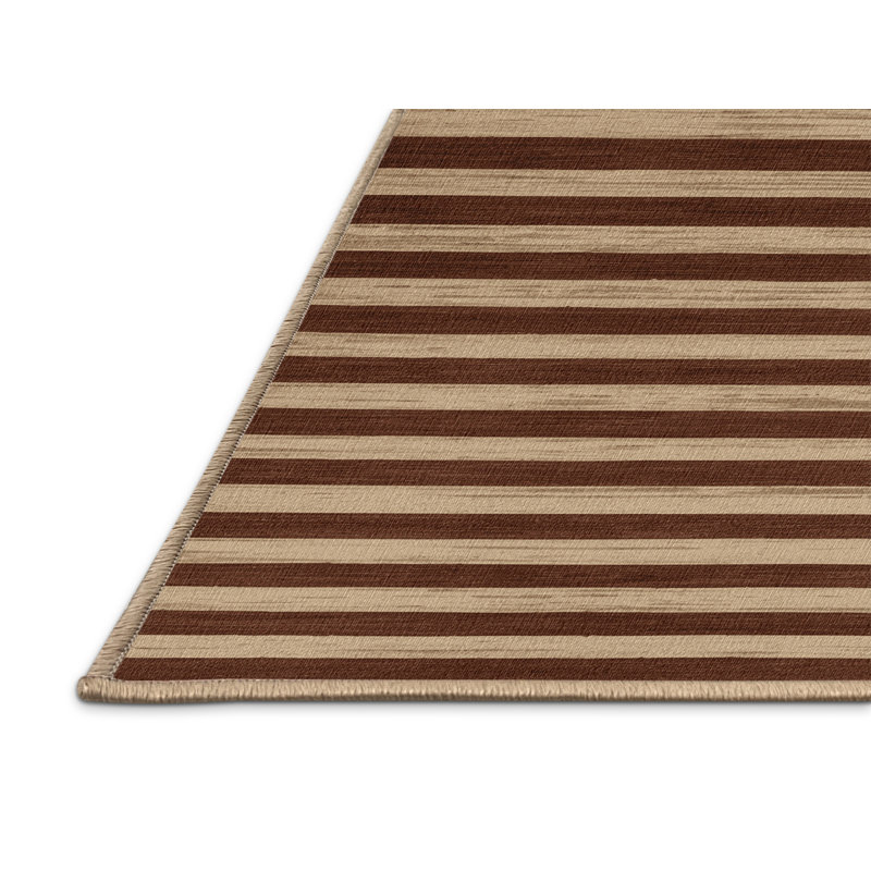 Tapis brun à rayures horizontales lavable à la machine, Rond 8 pi