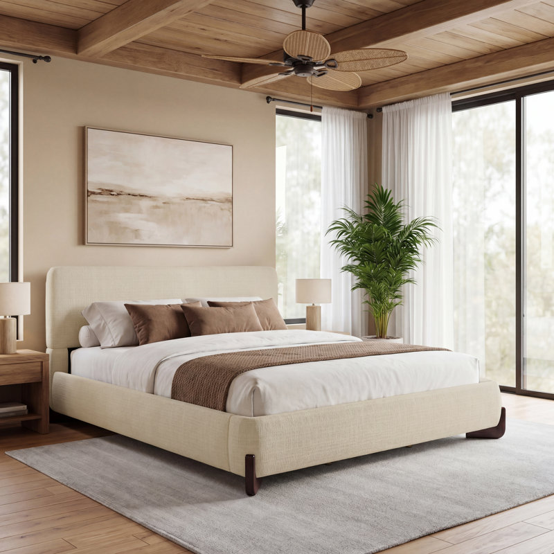 Upholstered Platform Bed Frame, King, White/Natural