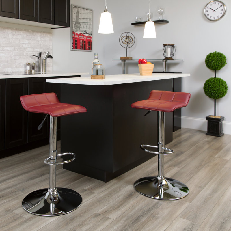 Amp Contemporary Vinyl Adjustable Height Barstool with Quilted Wave Seat, Burgundy