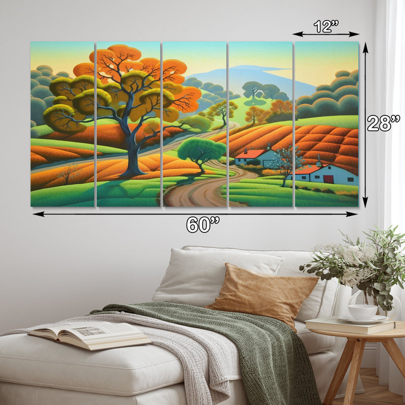 Automne, beauté montagnarde, sérénité, peinture I - prairie, art mural sur toile - 5 panneaux égaux