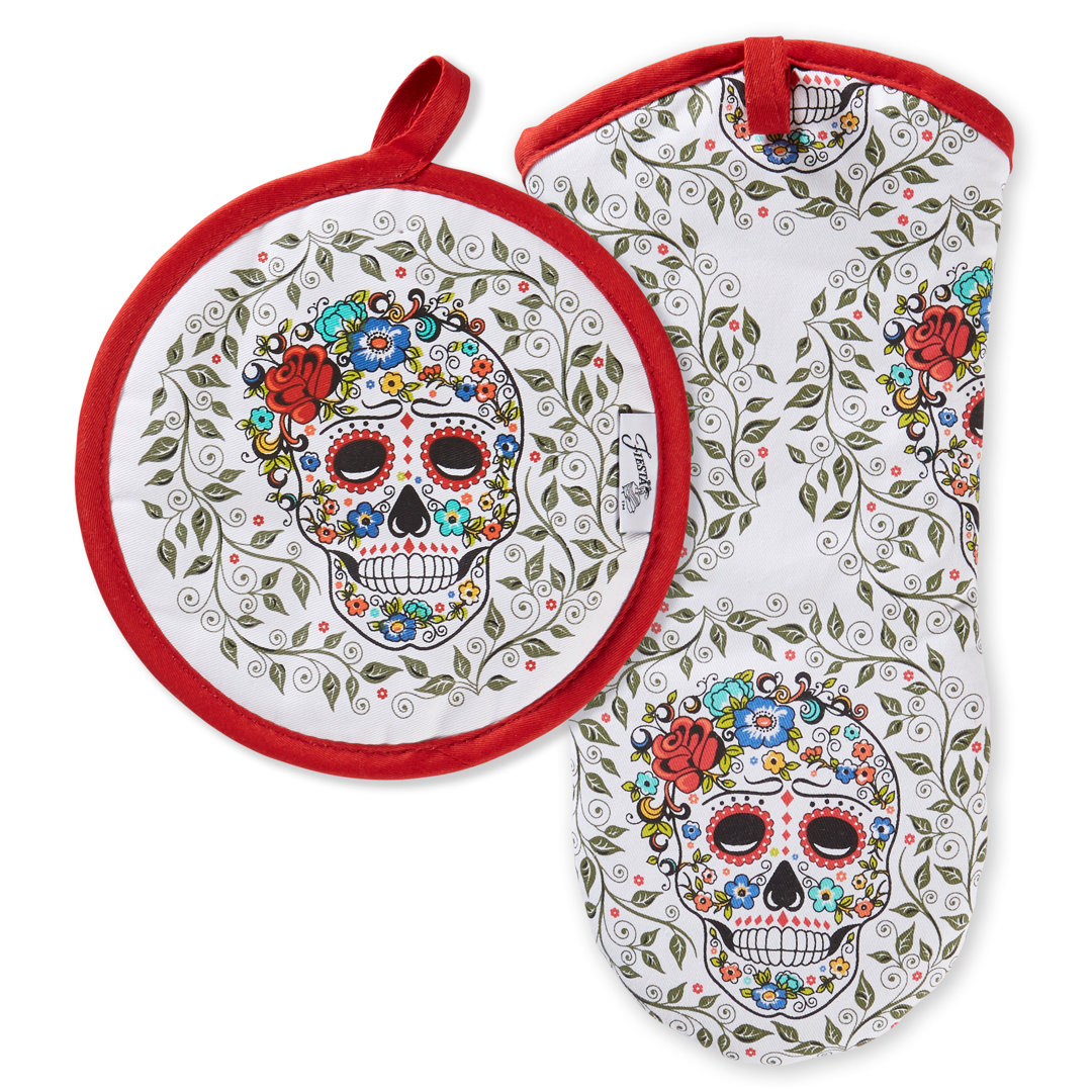 Fiesta Skull and Vine 2-Piece Potholder and Oven Mitt Set Fiesta
