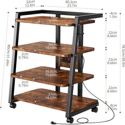 Mobile Media Stand With Built-In Power Outlets & USB Ports, 4-Tier Rolling TV Console With Locking Casters For Gaming, Stereo, And Electronics, Sturdy by 17 Stories