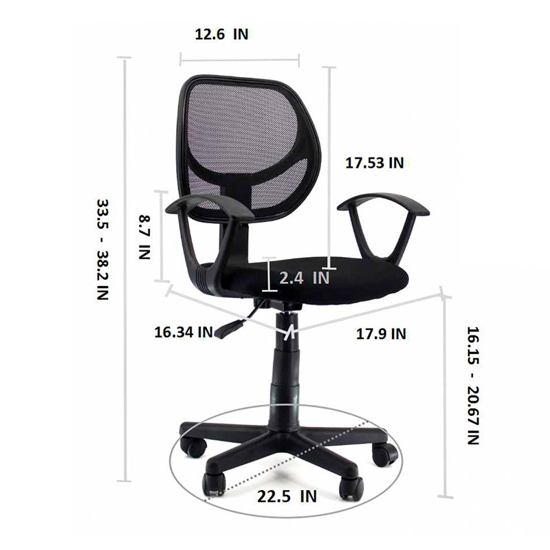 Chaise de bureau ergonomique à dossier moyen avec accoudoirs fixes, Noir