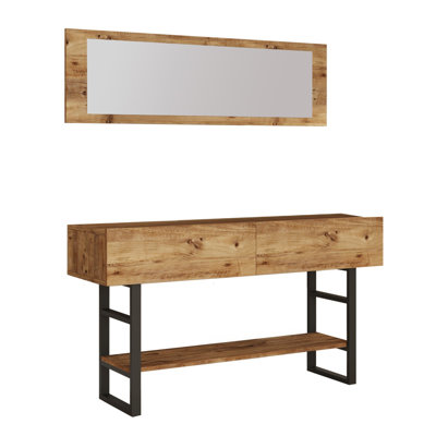 Roshaad Modern Console Table with Mirror, Atlantic Pine, 54.7 x 29.8 x 16.9 inches | 100% Melamine Coated Particle Board, Thickness: 0.7 inches | Industrial Design with Numerous Shelves & Additional Storage | Perfect for Home Decor