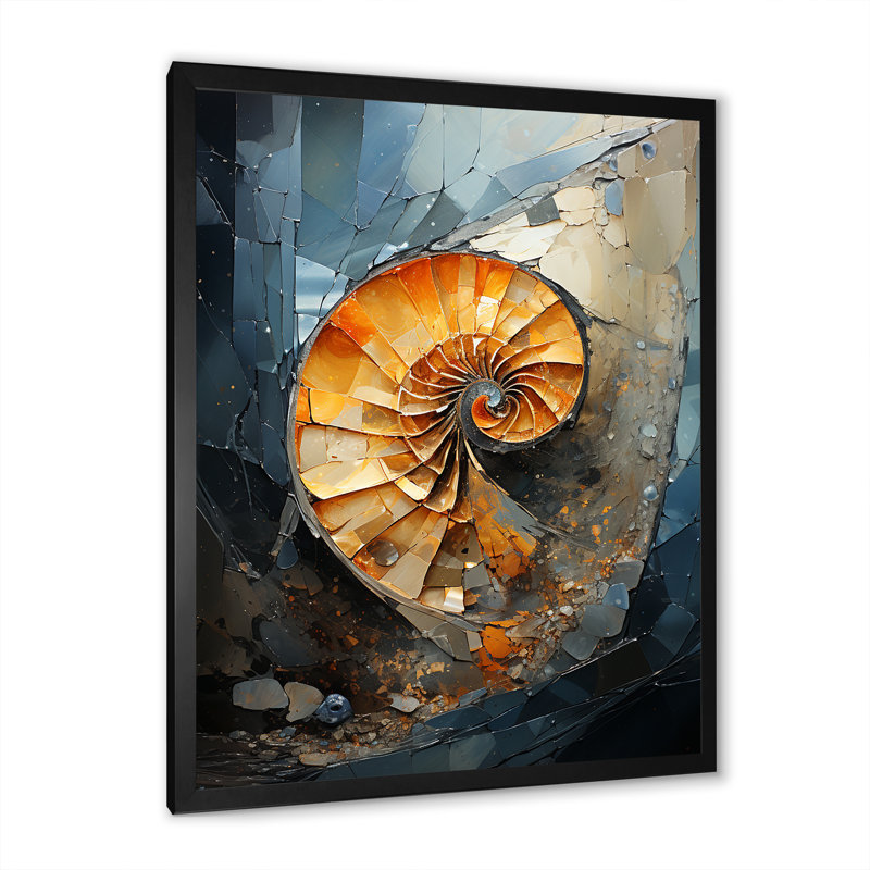 Golden Sea Sheel Spiral sur toile, Cadre simple noir, H 32 po x l 24 po x P 1 po
