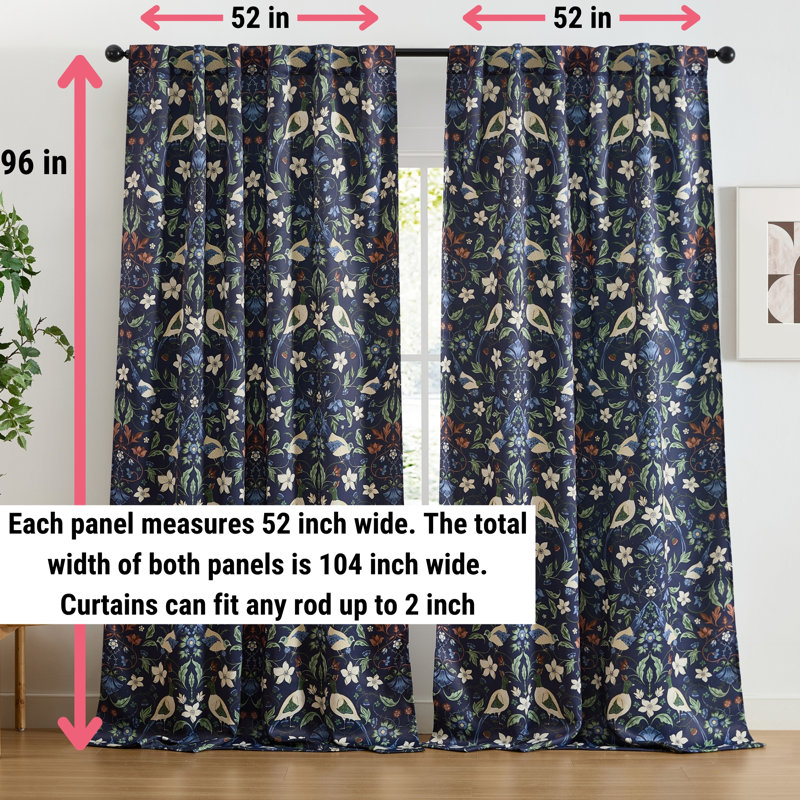 HLC.ME Florence Floral & Birds Patterned Window Back Tab Rod Pocket Curtains Bedroom - Light Blocking Darkening Window Panels, Set of 2 (Navy Blue, 52 W x 96 L)