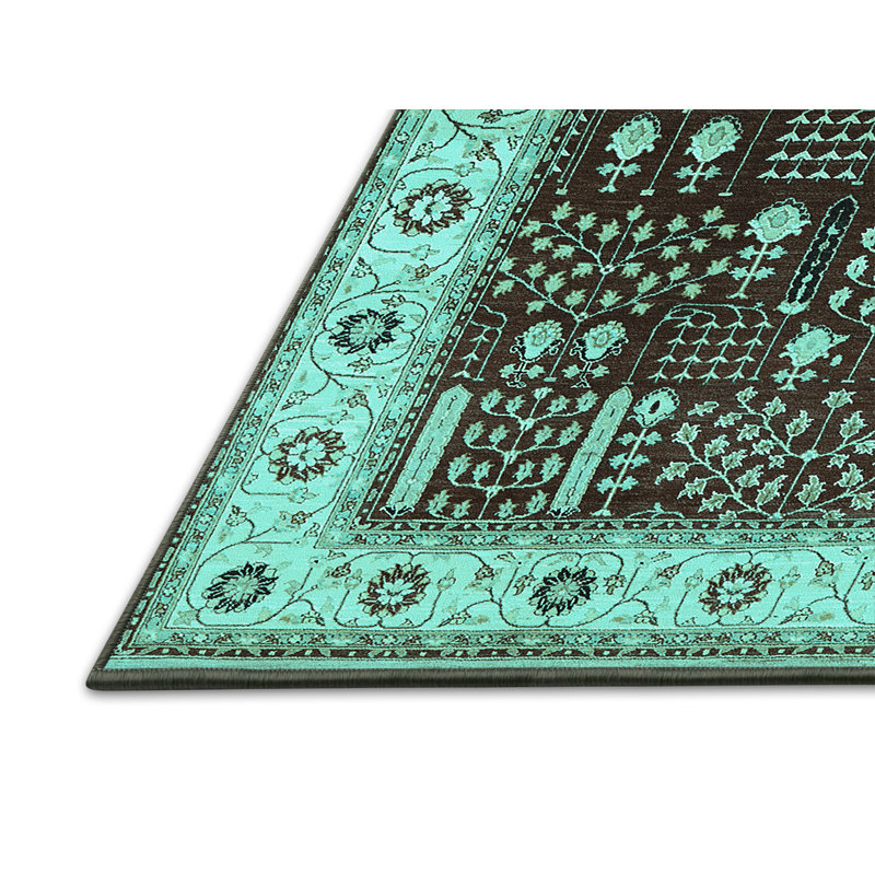 Tapis oriental en laine / polyester tissé à la machine en turquoise / noir, Tapis de couloir 2 pi x 5 pi