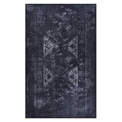 Washable 9X12 Area Rug, Low-Pile, Non-Slip, For Bedroom, Kitchen, Hallway - Black Gray Dining Room, Living Room