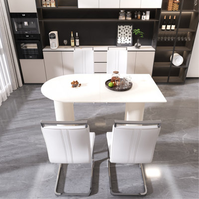 63 "Medieval Modern Cream Style MDF Dining Table And PU Armless Dining Chair Set 4. Assemble Desktop And Silver Plated Metal Leg Dining Chair Set, Suitable For Home&Kitchen