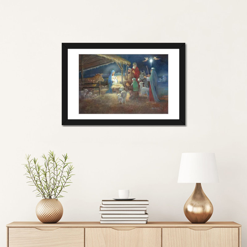 « a child is nés », reproduction d’art sur toile, H 16 po x l 24 po x P 1 po, Papier avec cadre noir, Blanc